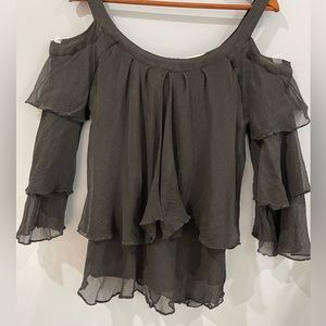 Kenar 100% Silk Cold Shoulder Black Tiered Ruffle Blouse Size L